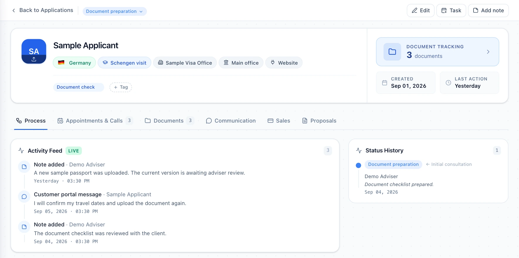 Example application stage, activity feed and status history