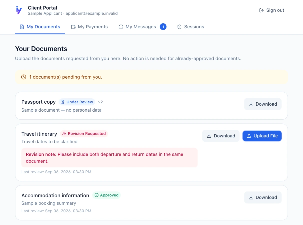 Document statuses and a revision note in an example applicant's portal