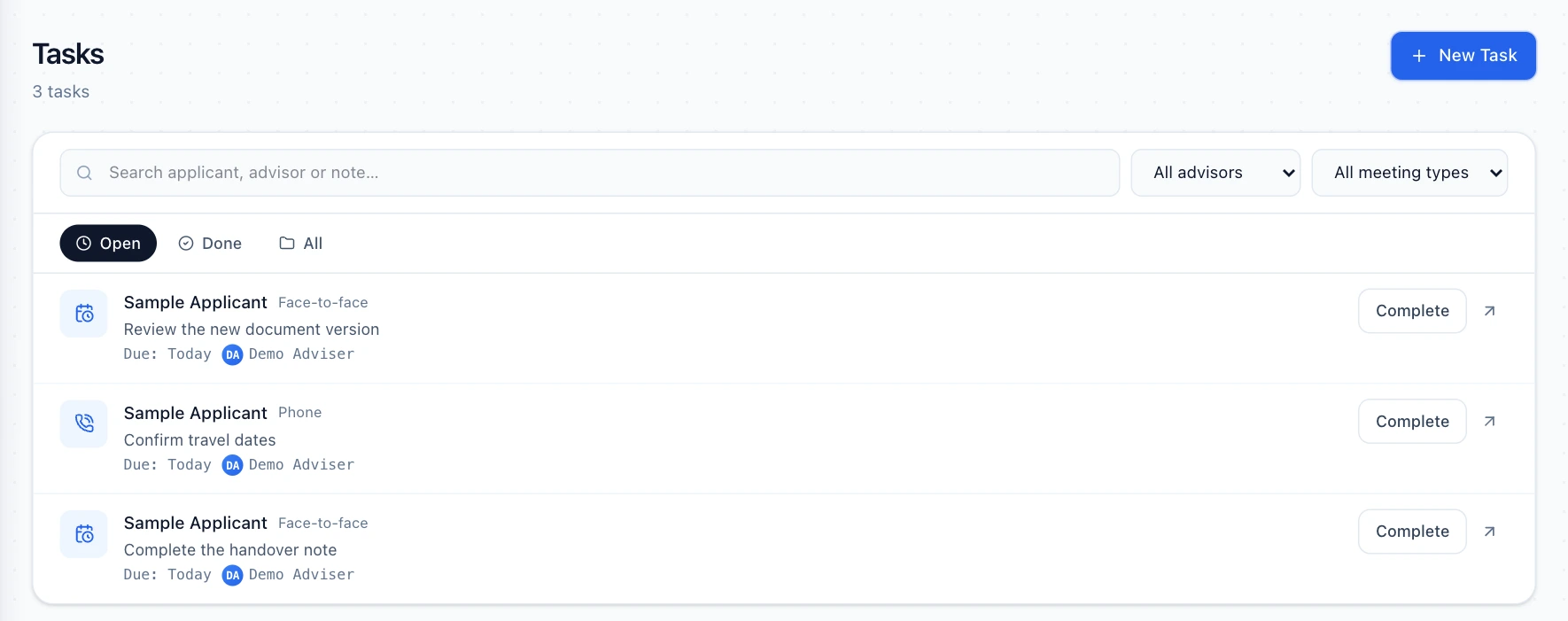 Open tasks and the assigned adviser for an example application